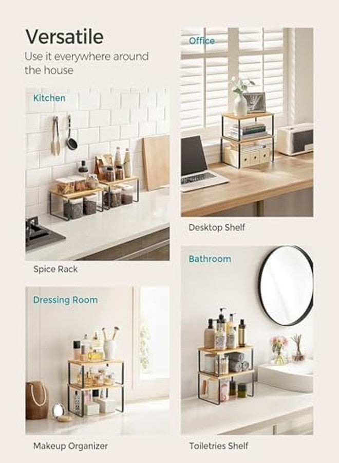 TEKCOOL رفوف تنظيم الخزائن من TEKCOOL، طقم من رفّين لسطح المطبخ، تخزين المطبخ، رف توابل، قابل للتكديس والتوسيع، مصنوع من المعدن والخشب المصنّع، باللونين الأسود والطبيعي (الخشبي). - Image 4